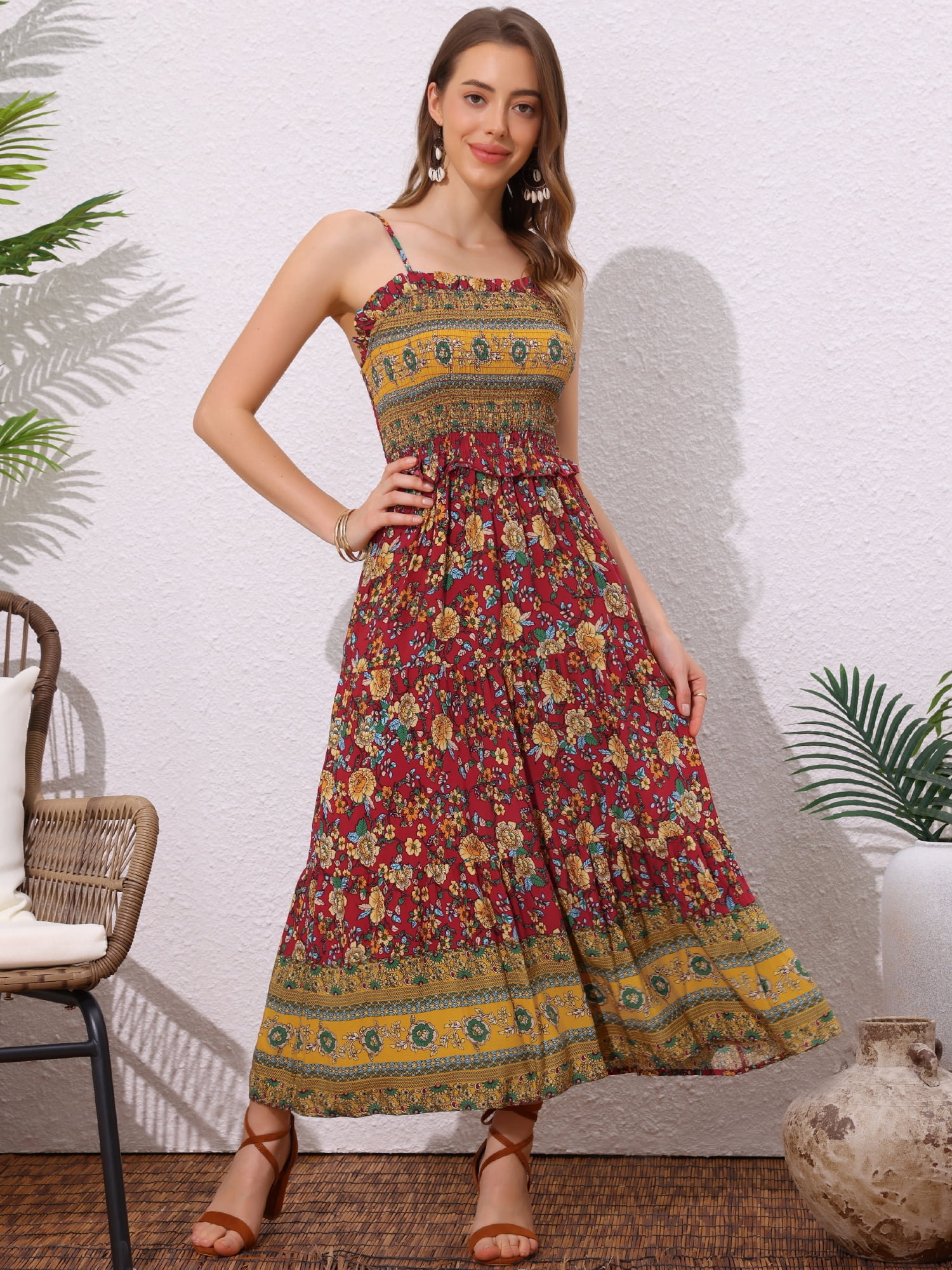 DARING DIVA Women's Boho Floral Spaghetti Strap A Line Maxi Dresses XS Red