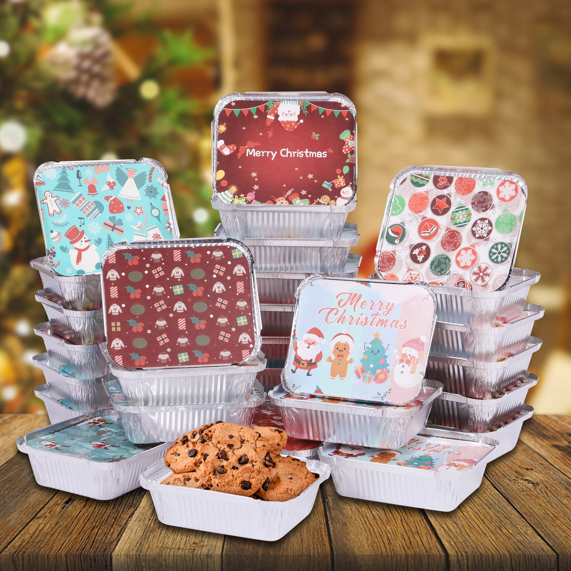 24 Count Christmas Tin Foil Containers with Color Your Own Lid Covers For  Cookies Holiday Aluminum Disposable Food Storage Pans For Xmas Treat