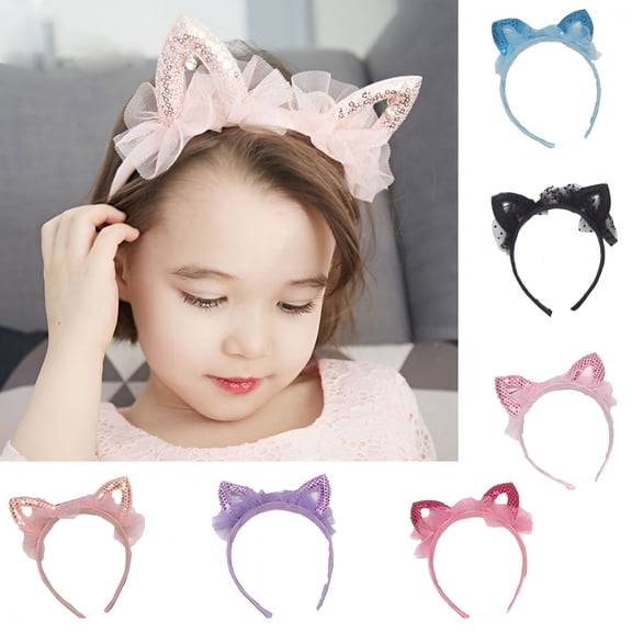 TUWAFE 3Pcs Kids Girls Children Cute Cat Ears Shape Gauze Sequins Headband Hairband Hair Hoop Accessories Cat Ears Toddler