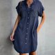 thumbnail image 3 of Vestido Vestido con botones para mujer Vestido de mezclilla desgastado de color sólido Vestido de desplazamiento diario Kuymtek Azul marino T M para Mujer, 3 of 6