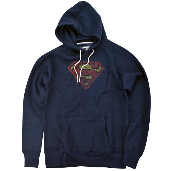Superman - Logo Vintage Unisex Adult Slim Fit Pull-Over Heather Hoodie, Navy, Small