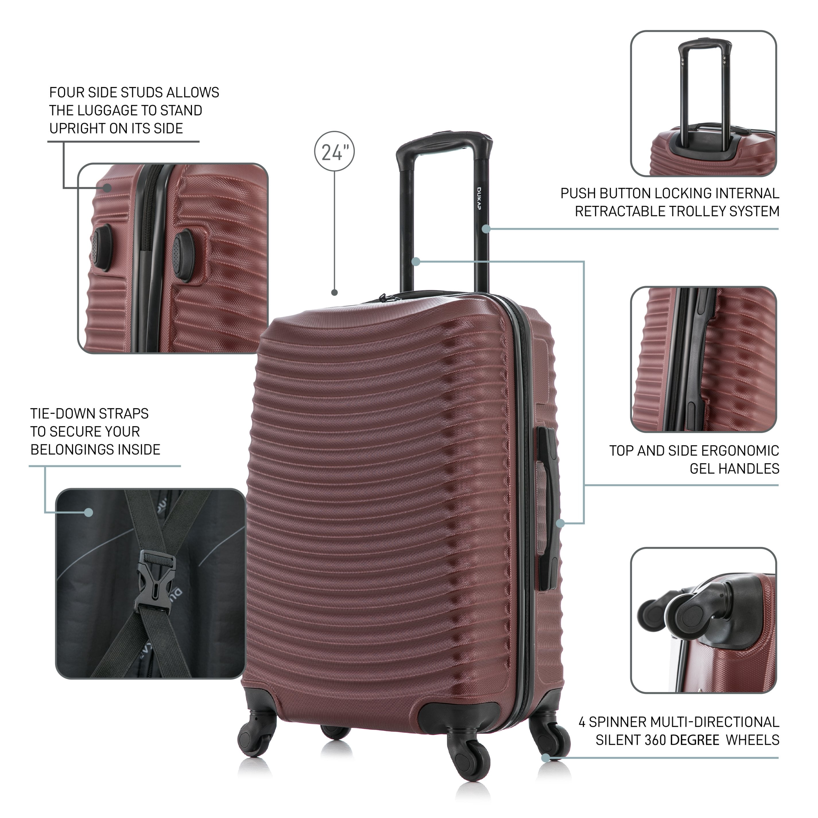 DUKAP Adly 24" Hardside Lightweight Luggage with Spinner Wheels, Handle and Trolley, Wine