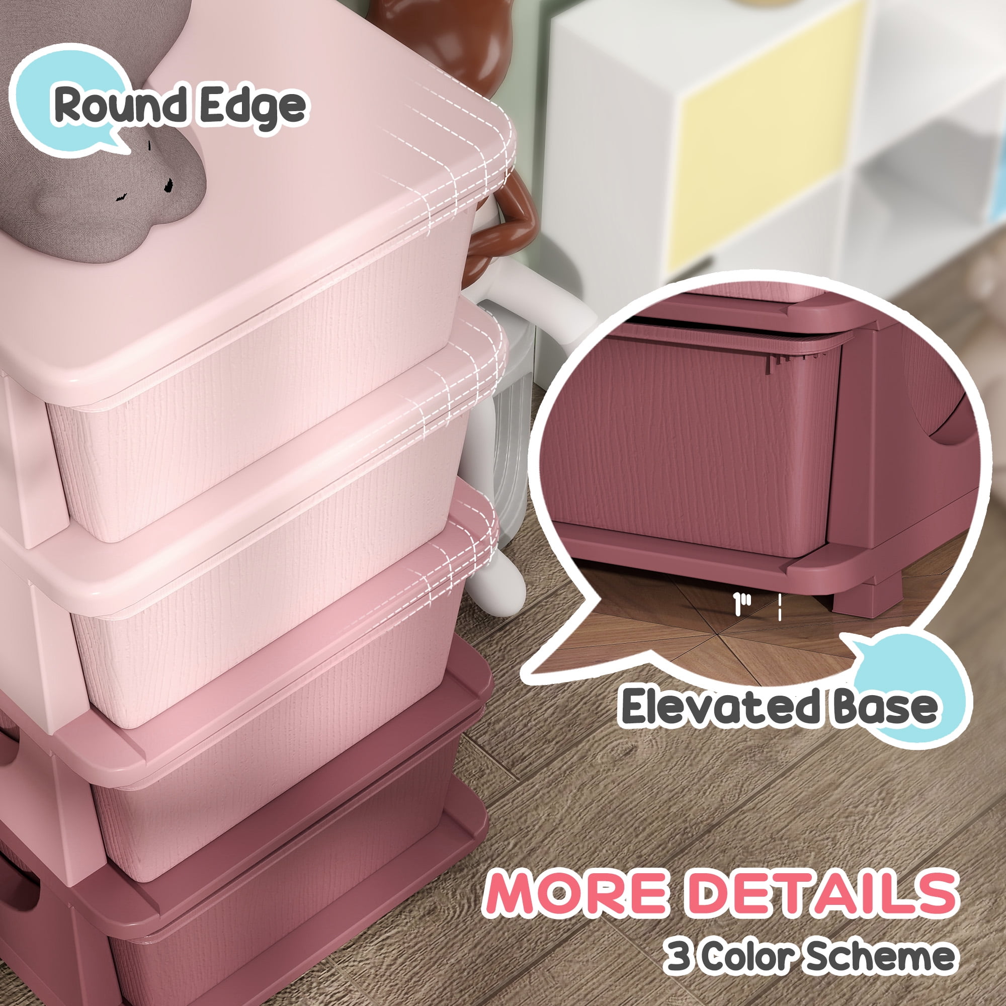 Qaba 4 Tier Kids Storage Unit Dresser Tower with Drawers Chest Toy Organizer for Bedroom Nursery Kindergarten Living Room for Boys Girls, Pink