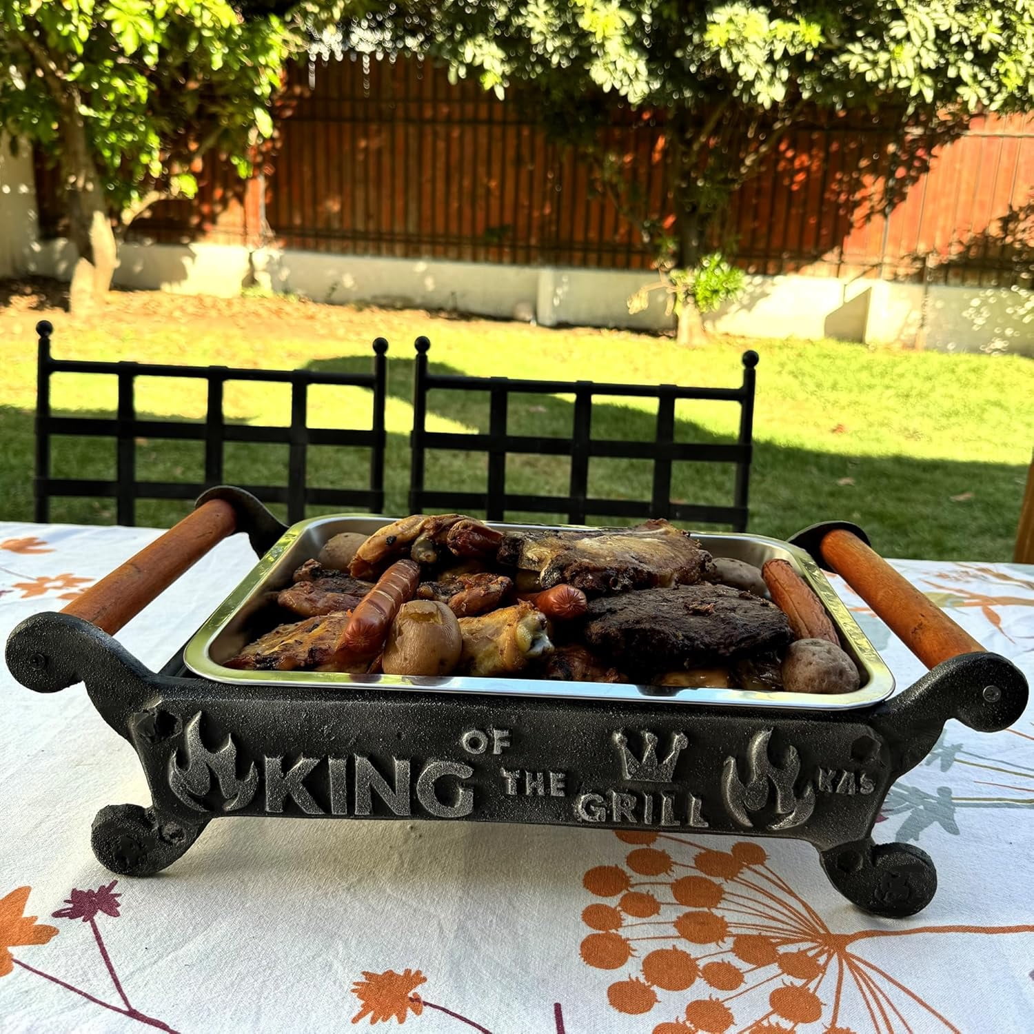 Handmade Cast Iron Tabletop Charcoal Grill & Food Warmer with Stainless Steel Tray, Wooden Handles, and Thermal Protector for Safe, Flavorful Grilling (King of the Grill)