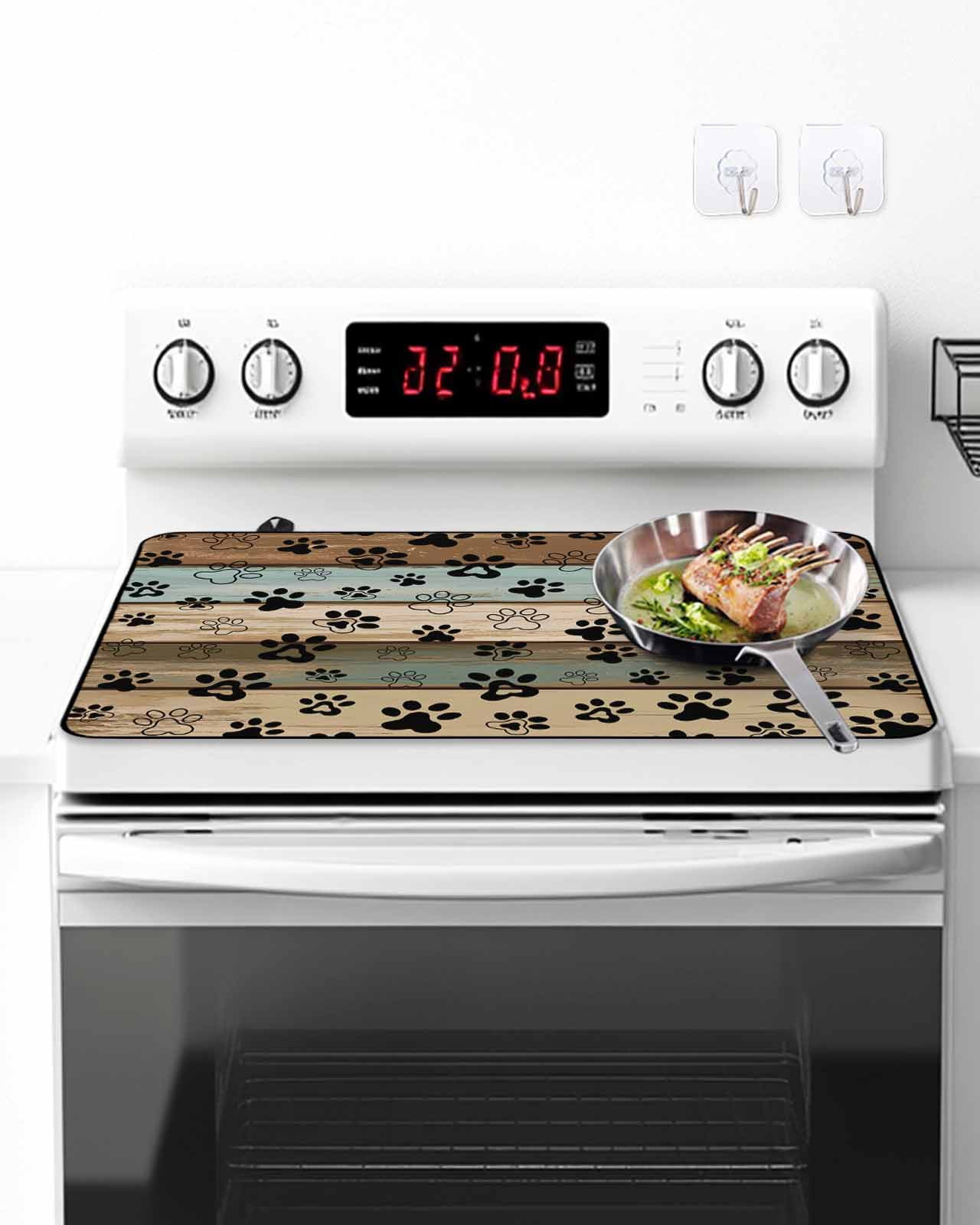 Stove Top Covers for Electric Stove, Black Paw Print Glass Stovetop Cover Protector, Farmhouse Vintage Shabby Wood Grain Induction Cooktop Protector Oven Mat for Kitchen Countertop 24"x21"