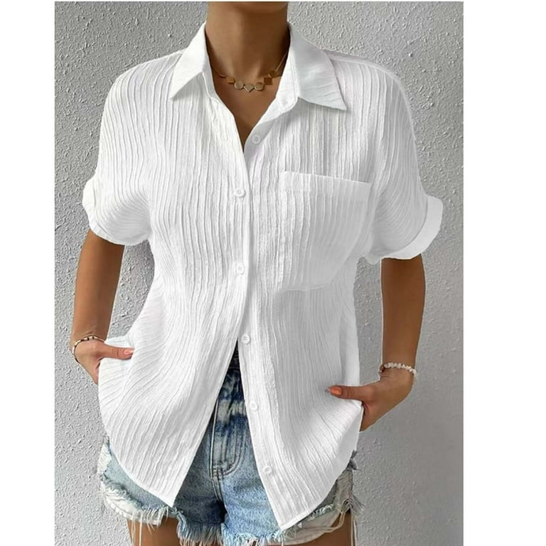Women S Summer Solid Color 2024 New Loose Plus Size Long Cotton Dress Shirt Juniors Texture Dress Shirt Top Blank Shirts for Women Womens plus Size
