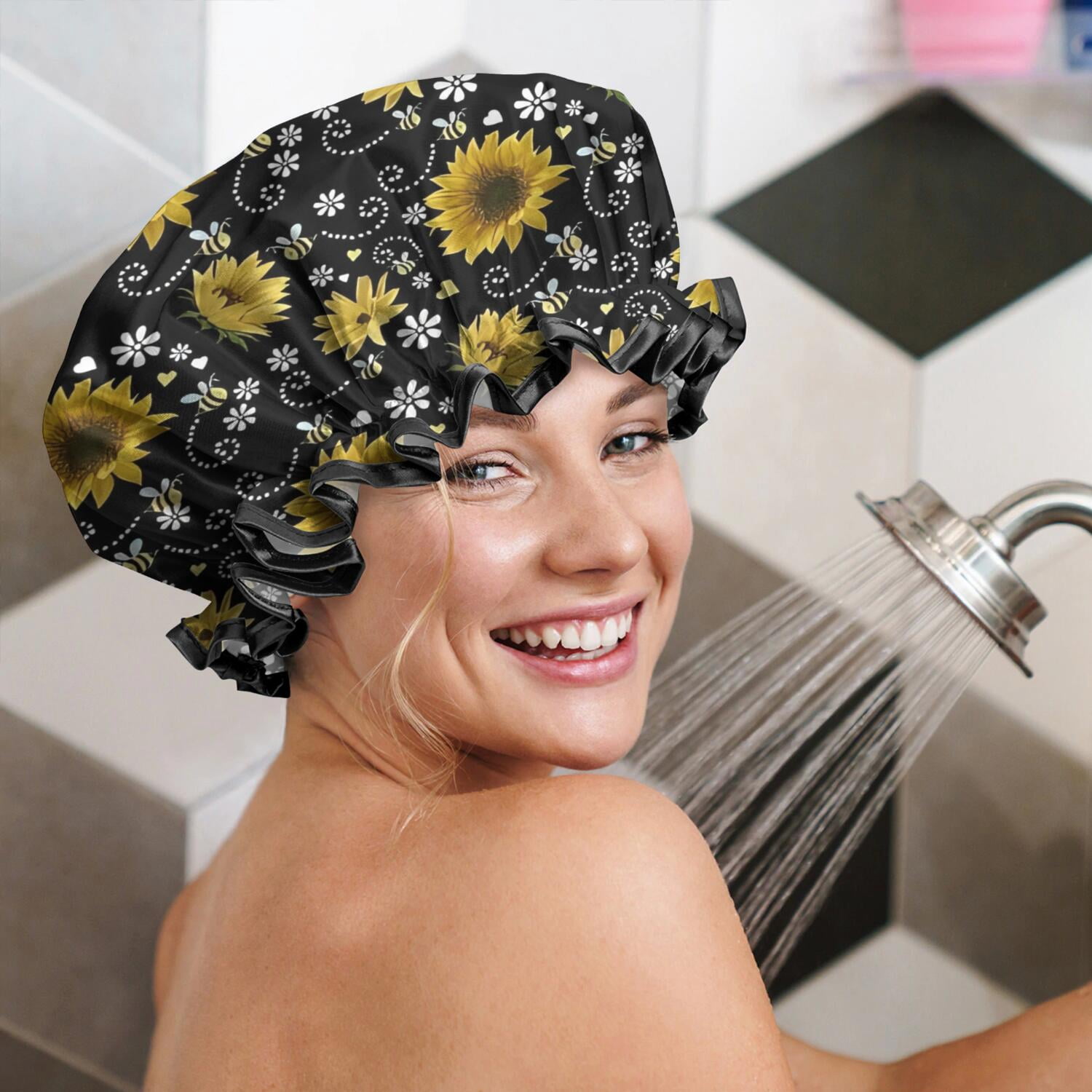 Shower Caps,Black White Bee Heart Sunflower Pattern Waterproof Shower Cap for Women 4 Pieces,Double Reusable Hair Cover for Shower PEVA Elastic Stretch Hem