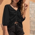 thumbnail image 3 of Blusa fruncida con cordón delantero Linterna Manga 3/4 Gasa Cuello en V Camisa con cordón fruncido Top para mujer, 3 of 8