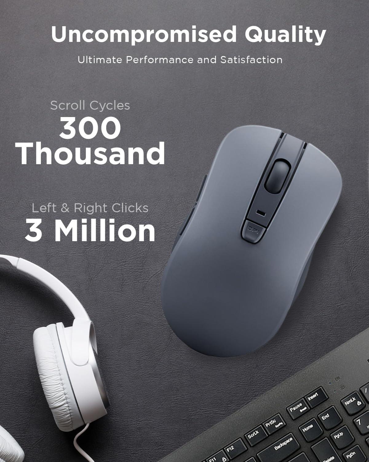 Bluetooth Silent Mouse (WL300) - 5 Button Computer Mouse with Silent Left & Right Click – Sculpted Grip, Microsoft Swift Pair, Up to 1600 DPI (Grey)