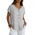 thumbnail image 2 of Linen Shirts for Women Short Sleeve V Neck Button Down Loose Gauze Blouses, 2XL, 2 of 7