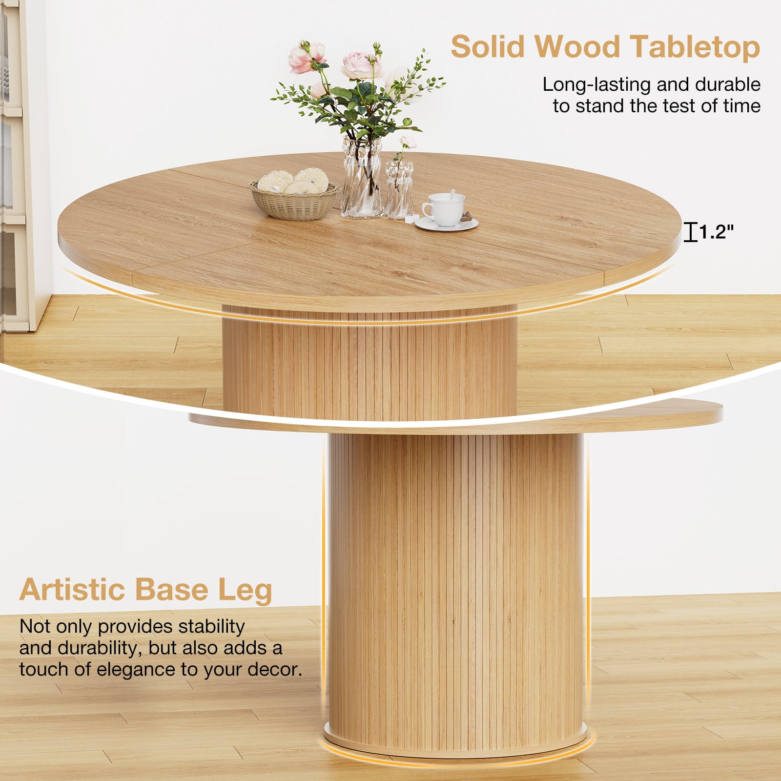 Hommpa 48" Round Dining Table Morden Kitchen Table Wood for 4 with Wood Slide Door for Kitchen Living Room,Heavy Duty Pedestal Base,Natural