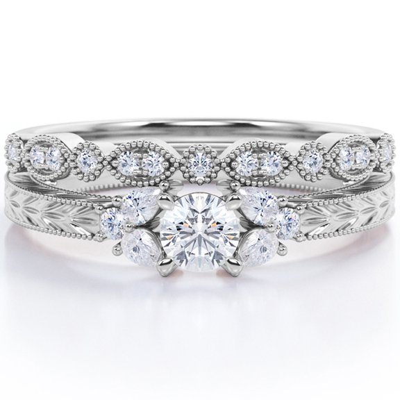 JeenMata 1.75 Carat Seven Stone Milgrain Filigree Round Shape Moissanite Art Deco Design Wedding Ring Set in 18K White Gold Plating Over Silver