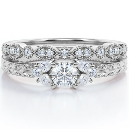JeenMata 1.75 Carat Seven Stone Milgrain Filigree Round Shape Moissanite Art Deco Design Wedding Ring Set in 18K White Gold Plating Over Silver