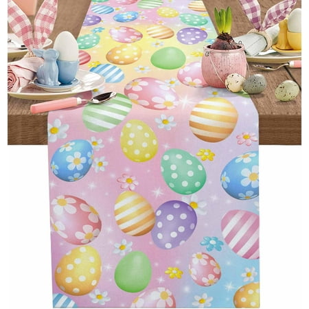 

Easter Colorful Eggs Table Runners 72inches Long Spring Flowers Cotton Linen Kitchen Dining Table Decoration for Wedding/Party/Coffee/Indoor Outdoor Use Stripe Polka Dots