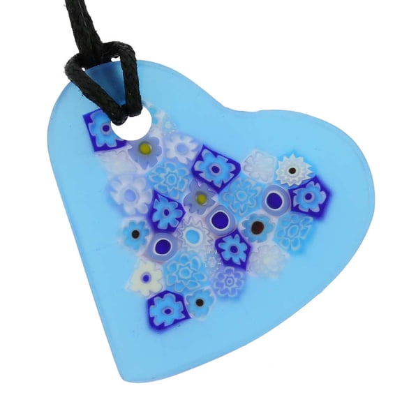 GlassOfVenice Murano Glass Matte Millefiori Heart Necklace - Blue