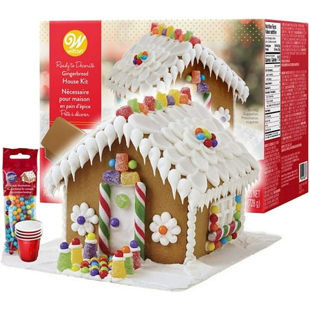 Gingerbread House Kit - Christmas Traditional Gingerbread House Decorating Kit, Pre-assembled-Includes Ready House, 4 Types Candies, Icing, Decorating Bag & Tip & (4) SEWANTA Candy Cup Holders