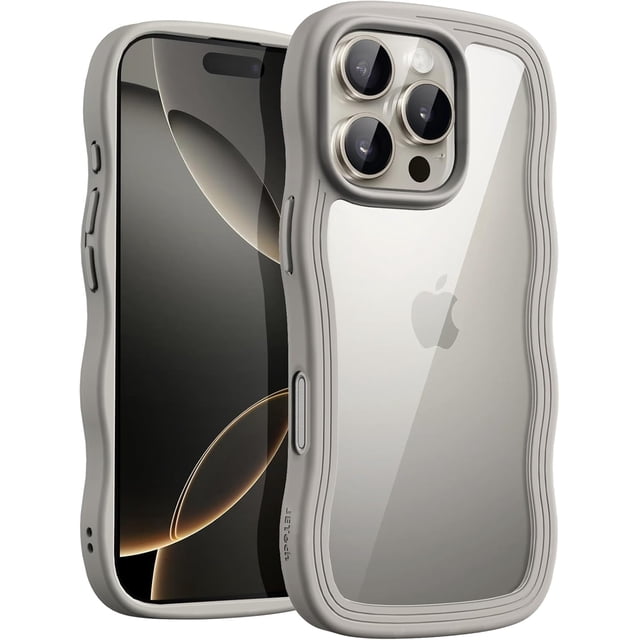 Wavy Case for iPhone 16 Pro Max 6.9-Inch, Cute Wave Frame Curly Shape Shockproof Phone Cover for Women and Girls, Clear Hard PC Back (Desert Titanium)