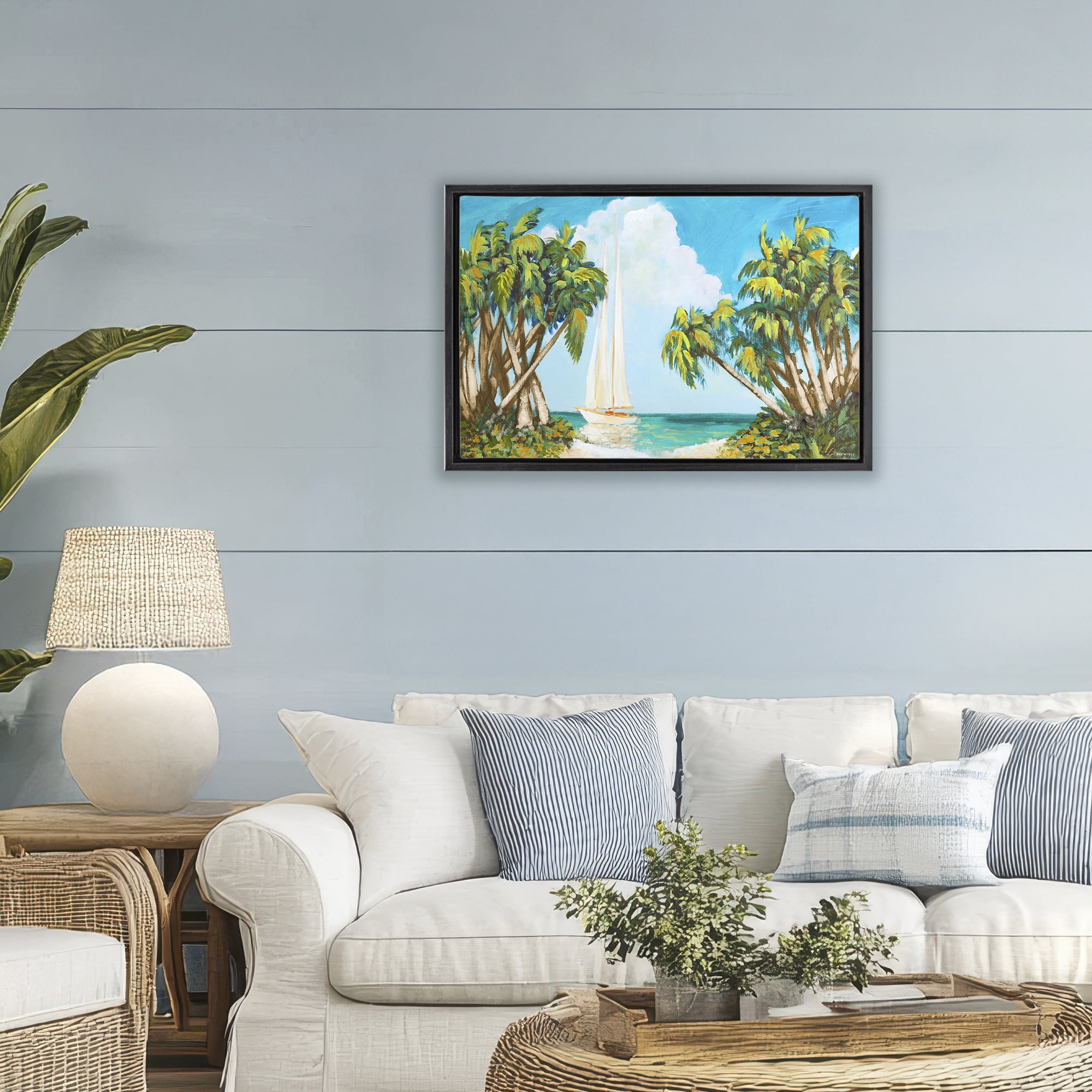 Stupell Industries Sailboat Among Palms Black Framed Floater Canvas Wall Art, design by Dan Meneely