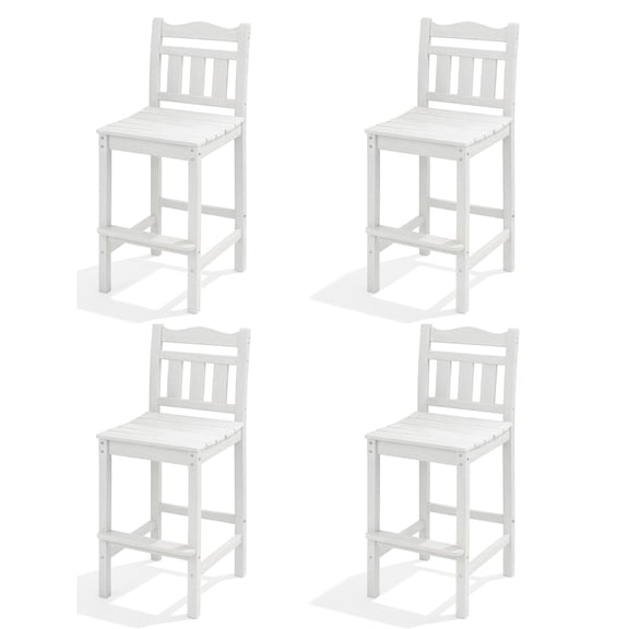Outdoor Bar Stools Set of 4, HDPE Adirondack Bar Height Chairs with Backrest, 27.5" Seat Height, All-Weather Patio Bar Chairs for Balcony, Deck, Poolside, Bistro & Backyard (White)