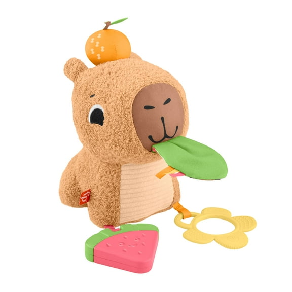 Fisher-Price Snuggly Snacky Capybara Plush Baby Sensory Toy with Teether & Rattle for Newborns