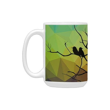 

Modern Decor Birds on Branch with Geometrical Abstract Rainbow Colored Sharp Lined Backdrop Multicol Ceramic Mug (15 OZ) (Made In USA)