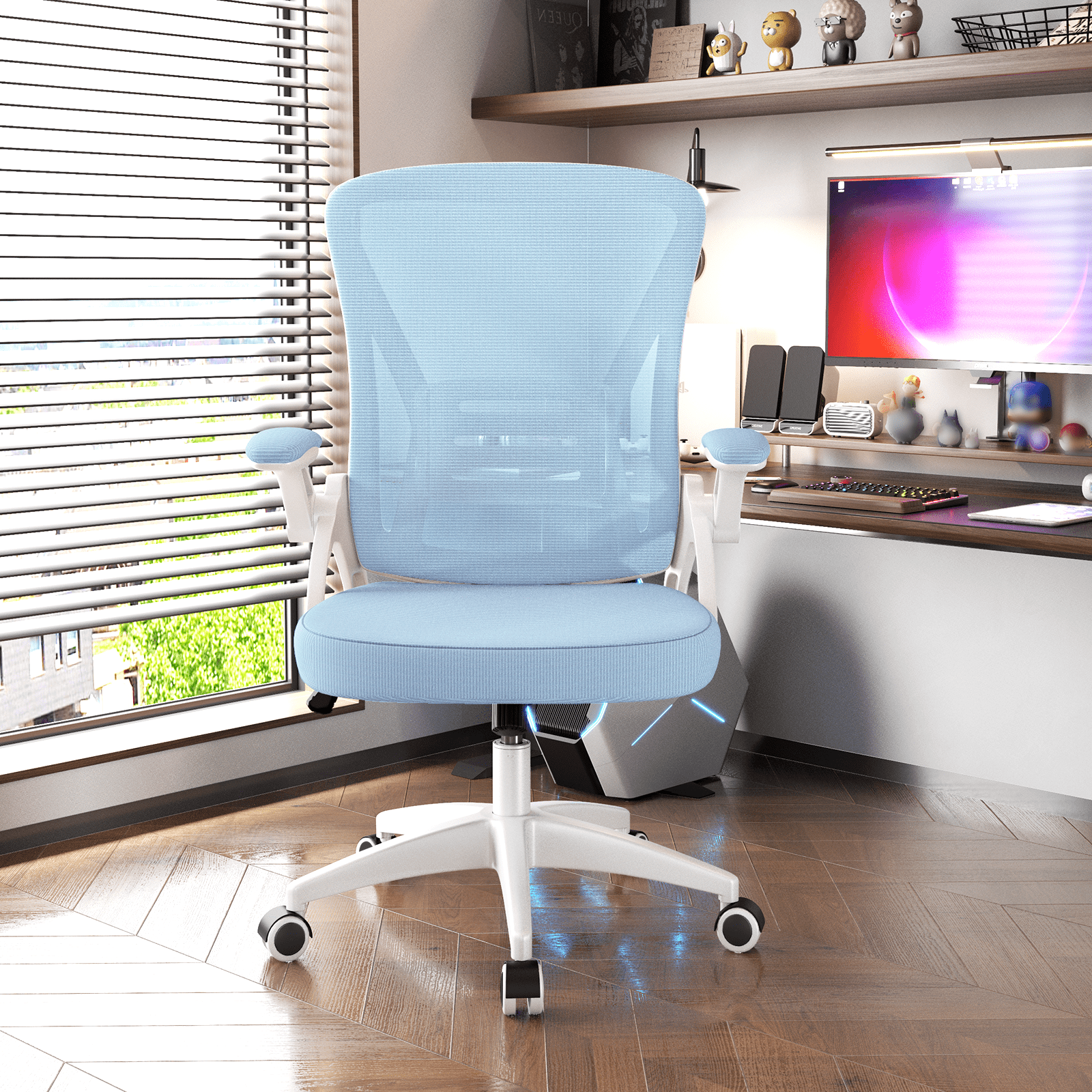 Biggzia Ergonomic Office Chair, Mid-Back Computer Chair with Adjustable Height, Flip-Up Arms and Lumbar Support, Mesh Desk Chair, Blue