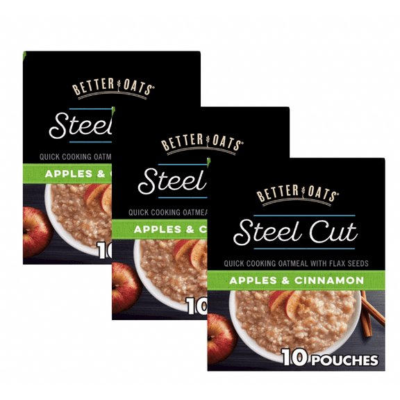 Better Oats, Steel Cut Instant Oatmeal, Apples & Cinnamon (3 Boxes of 10)