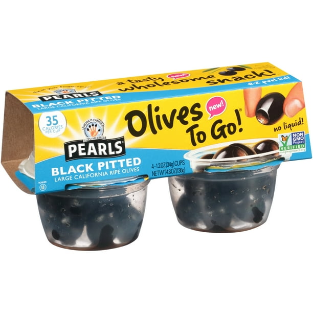 Pearls Black Pitted Large California Ripe Olives, 4 Pack, 1.2 oz. Cup