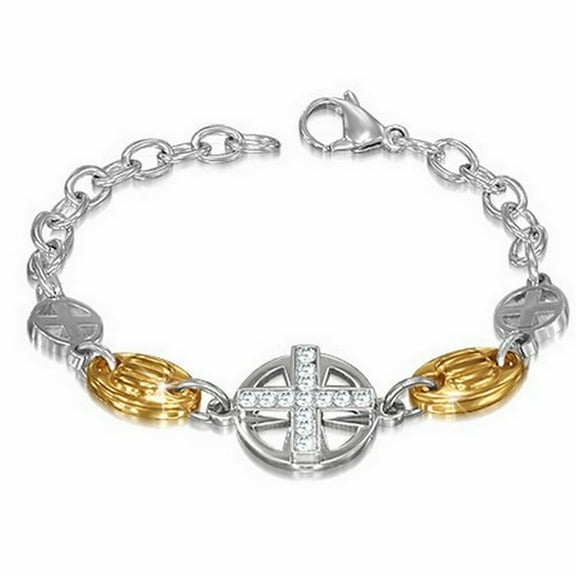 Stainless Steel Two-Tone Religious Latin Cross CZ Women's Link Chain Bracelet