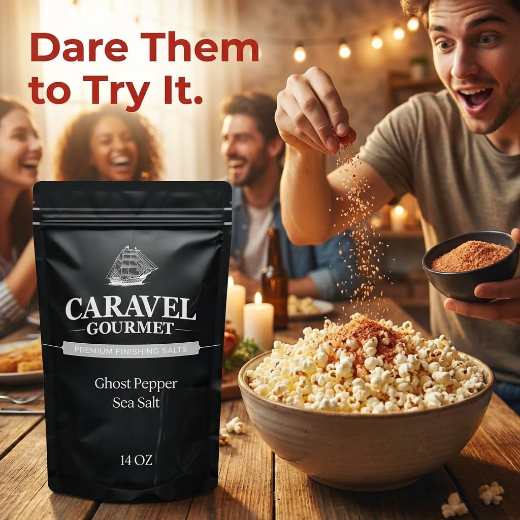 Caravel Gourmet Ghost Pepper Sea Salt for Cooking, Grilling, & Finishing, Chilli-Infused Spicy Seasoning Gourmet Salt for Meats & Veggies, 14 oz Pouch