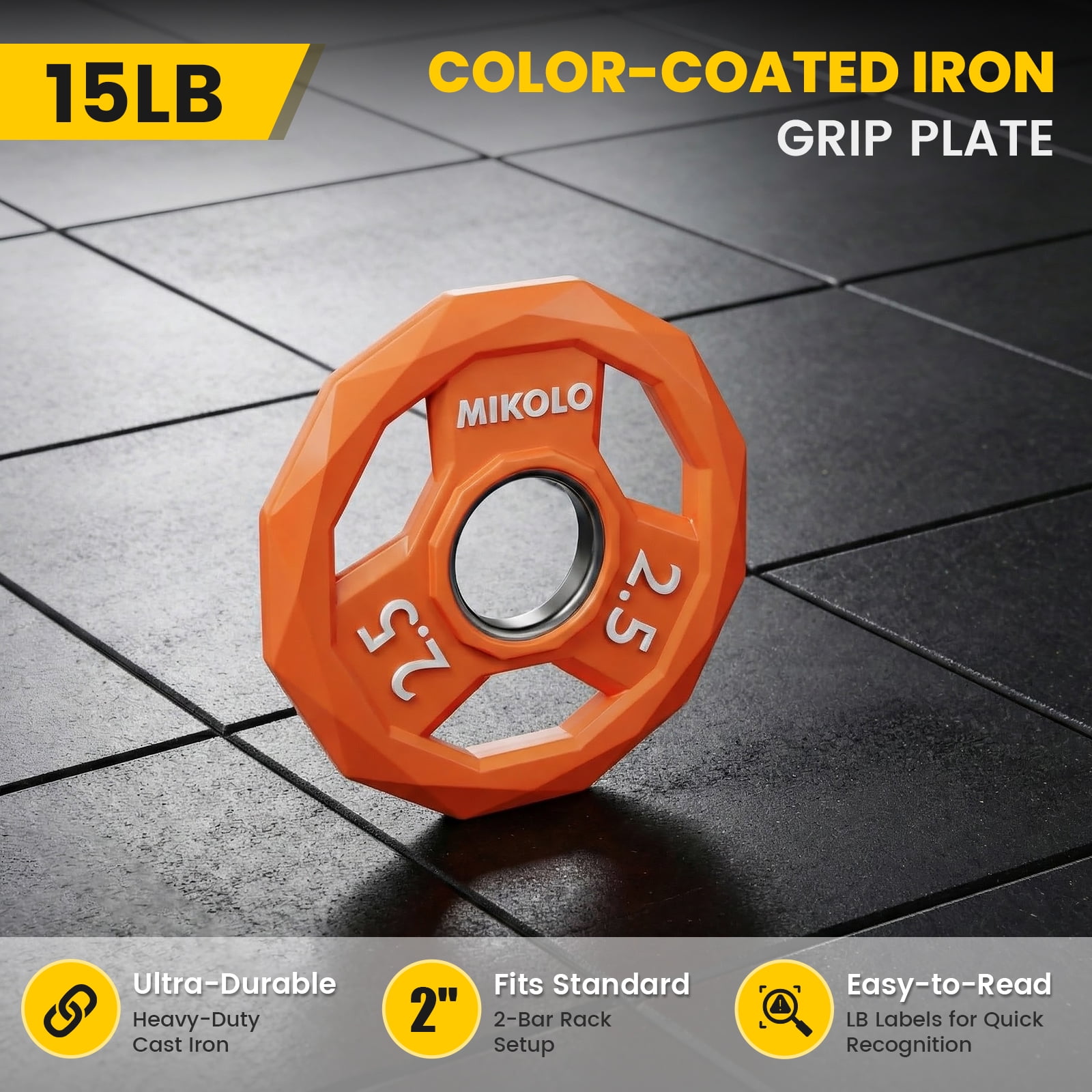 MIKOLO Color Coded Weight Plate 2-Inch Rubber Coated Olympic Grip Plate for Barbell, Solid Cast Iron for Strength Training, Weightlifting, Crossfit, Home Gym, 5LB, 2.5LB Pair