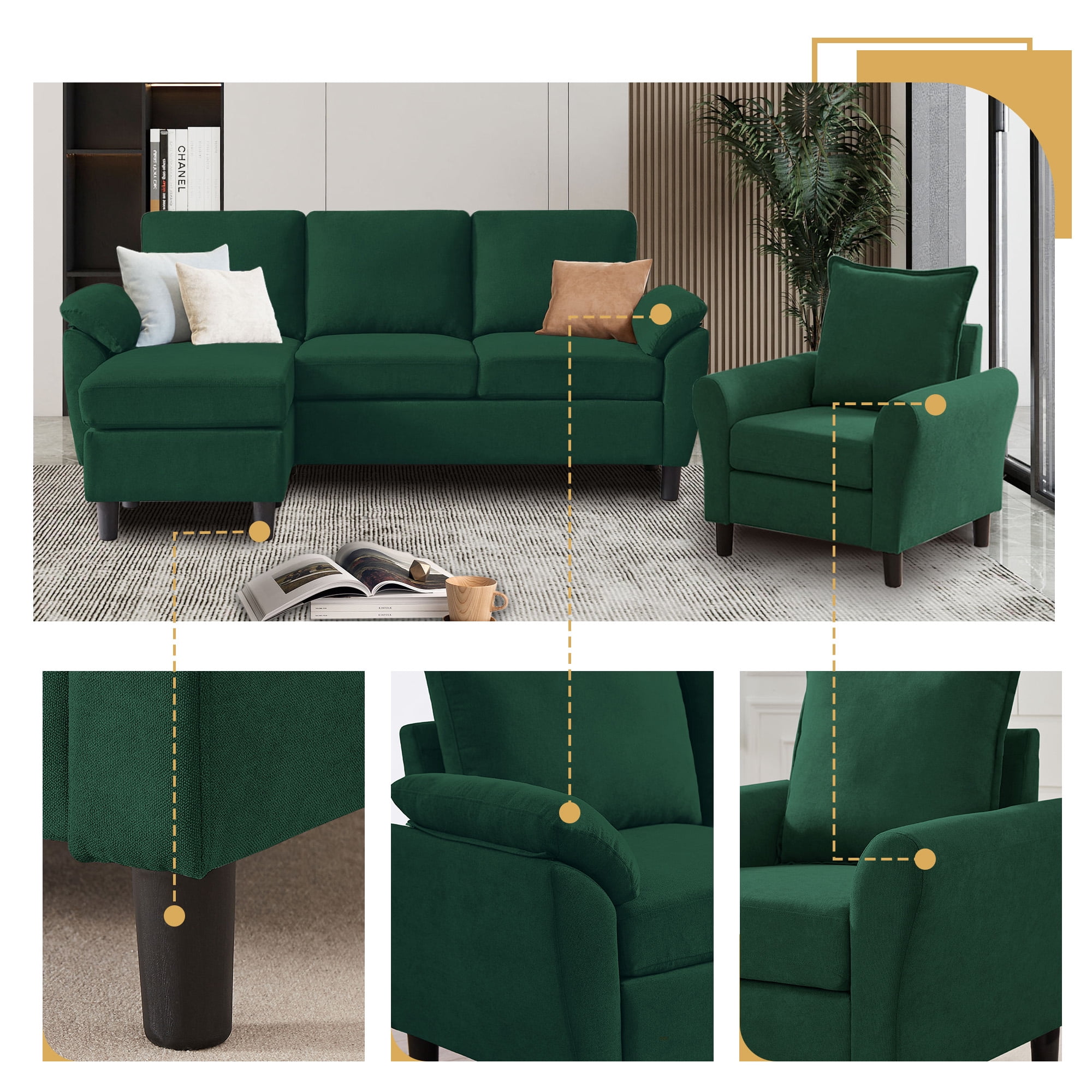 Pingliang Home Sofa Set of 79.5" Convertible Sectional Sofa & Accent Chair, L-shaped 3 Seat Couch with Reversible Ottoman, Modern Linen Sofa Couch for Living Room,Office,Apartment