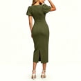 thumbnail image 4 of Women's Puff Sleeve Bodycon Work Dresses Crew Neck Business Casual office Pencil Dress Army Green XL(XL), 4 of 7