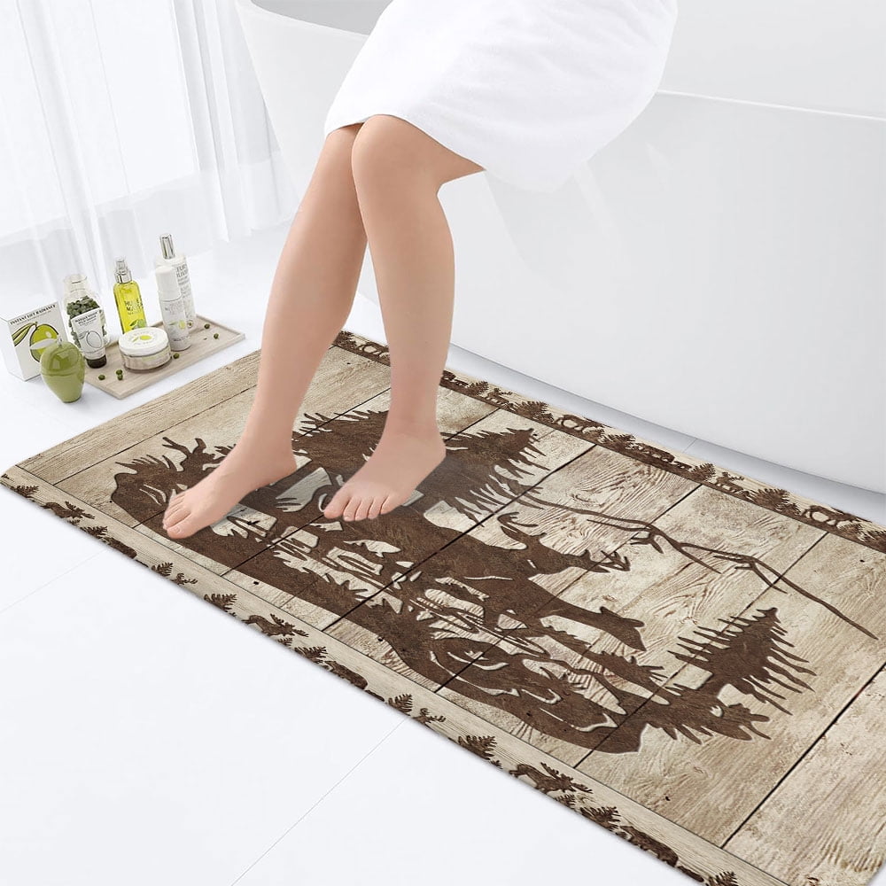 Cabin Bathroom Rugs, Forest Animal Lodge Cabin Vintage Wooden Country Farm Wildlife Bathroom Mat Deer Shower Mat Kitchen Rug, Rustic Farmhouse Bath Mat Rustic Cabin Forest Toilet Rug, 17"X48" Inches
