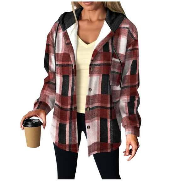 Women's Warm Plaid Shacket with a Hood, Long Sleeves, Buttons and Pockets for a Trendy Top or Light Coat