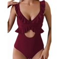 thumbnail image 2 of One Piece Swimsuit for Women Tummy Control Ruffle Bathing Suit V Neck Ruched Slimming Cutout Swimwear Wine Red M, 2 of 7