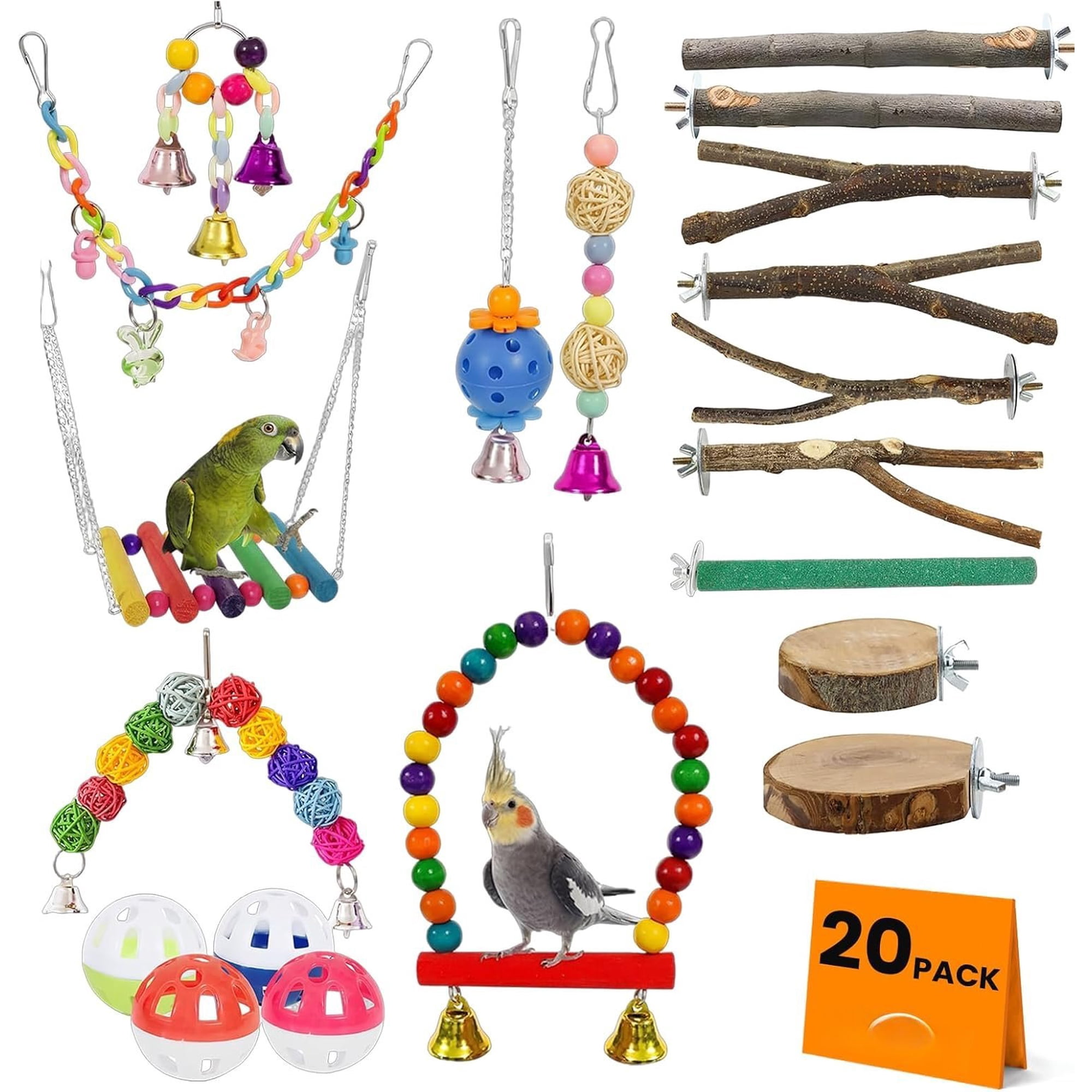 Bird Toys and Perches Set, Essential Parrot Cage Accessories with Swings, Stands and Shreddable Toys for Parakeets, Cockatiels, Budgies (20 Pack)