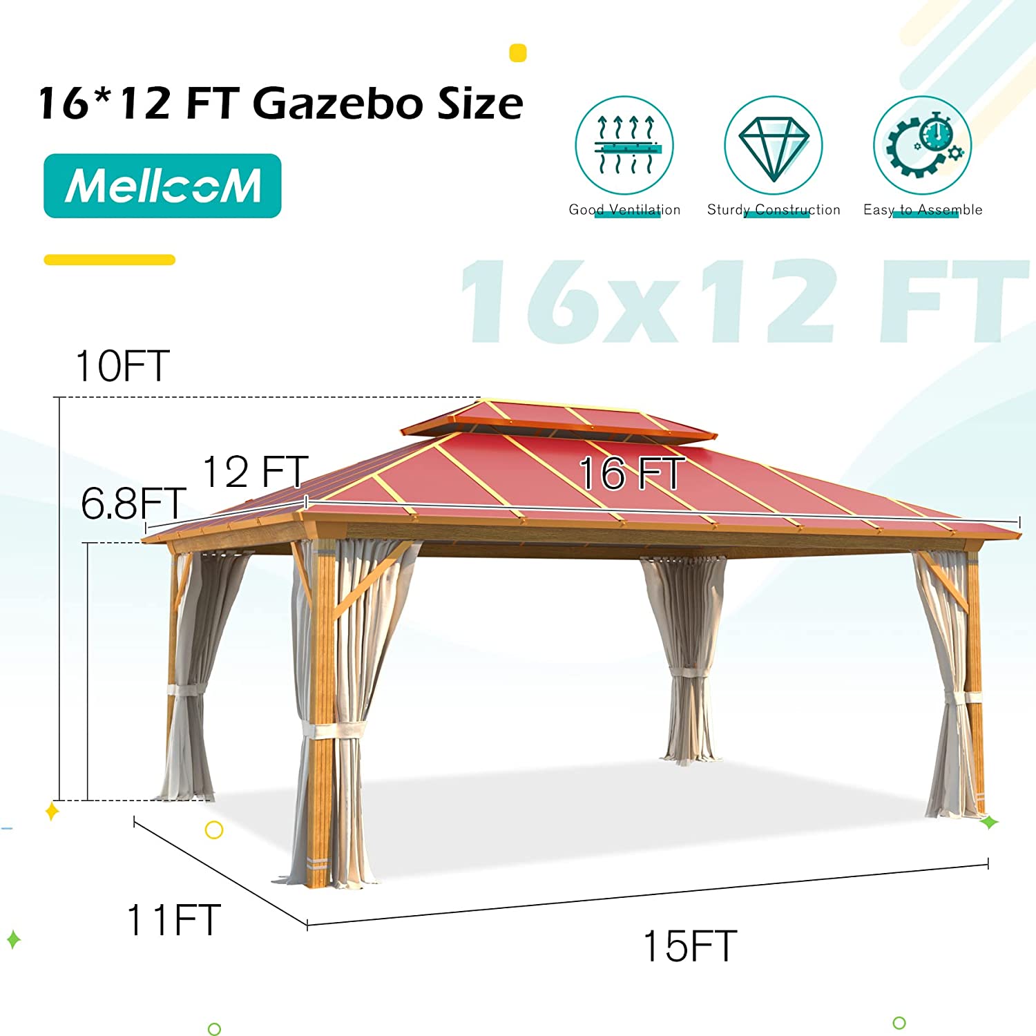 Hommow 12' x 16' Aluminum Frame Outdoor Gazebo, Double Roof Metal Gazebo for Patios, Gardens, Lawns, Parties, Claret - image 3 of 9