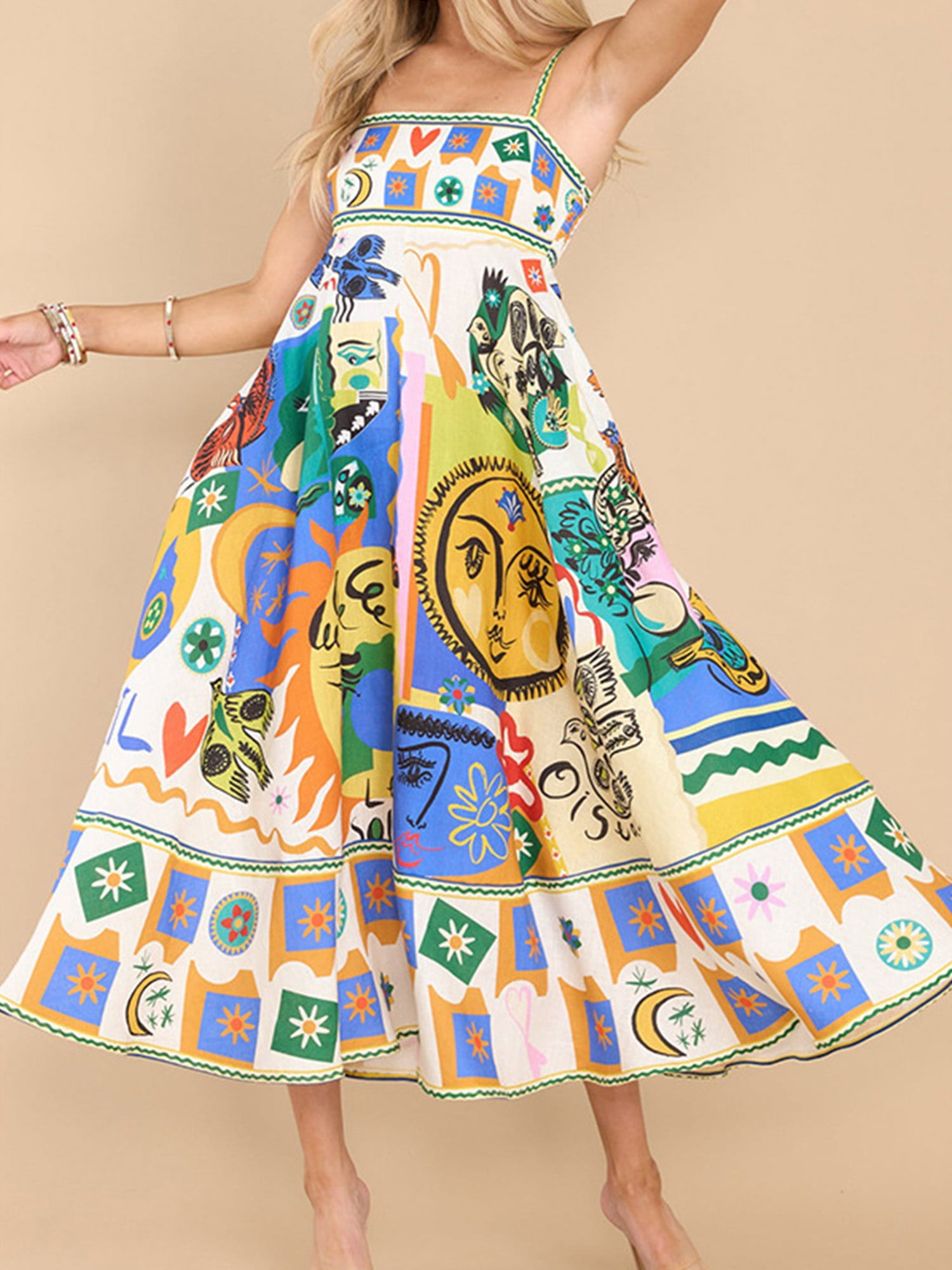 Women Boho Graffiti Cami Long Dress Graphic Spaghetti Strap Flowy Maxi Dress Square Neck Colorful A Line Sundress