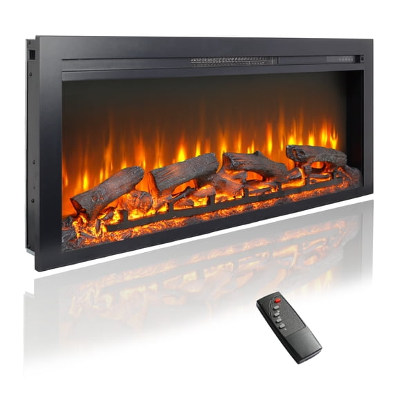 Innoflame 44" Electric Fireplace, Recessed in Wall/Furniture, Fireplace Heater for Living Room, Adjustable Flame Brightness, Realistic Resin Log, Remote, 9H Timer, Black