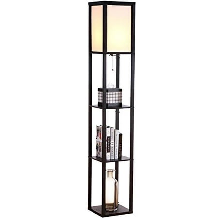 Brightech Maxwell - LED Shelf Floor Lamp - Modern Standing Light for Living Rooms & Bedrooms - Asian Wooden Frame with Open Box Display Shelves -