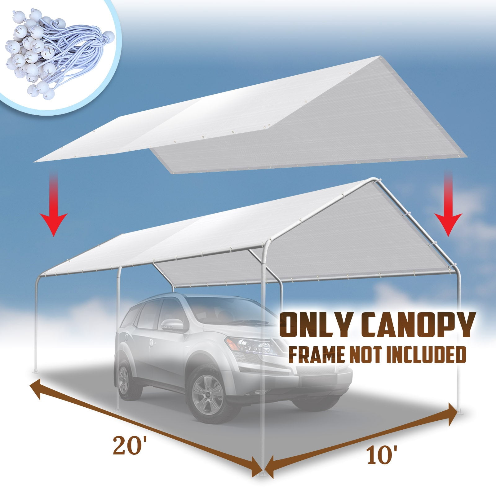 SUNNY OUTDOOR 10x20' Carport Tent Top Garage COVER ONLY w Bungee, Waterproof Replacement Canopy, without edge (White)