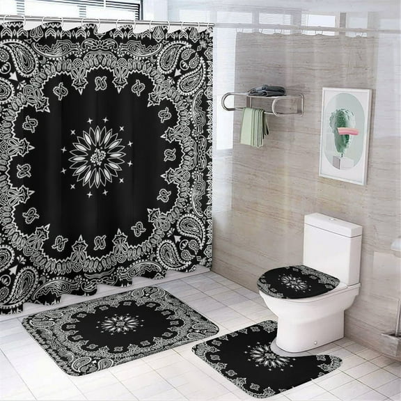 Bandana Pattern Shower Curtain Sets Non-Slip Rugs Bath Mat Toilet Cover U Shaped Mat 4 Pcs