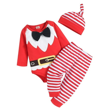 

Fesfesfes Toddler Baby Jumpsuit Boys Girls Long-sleeved Christmas Bearded Belt Romper Striped Pants + Hat Santa Claus Suit Sale Tops on Clearance