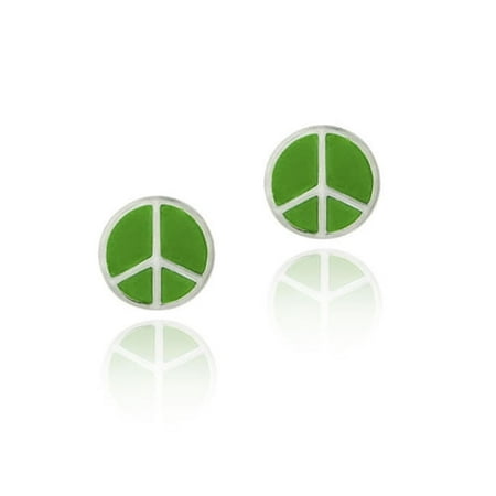 Sterling Silver Green Enamel Peace Sign Symbol Earrings