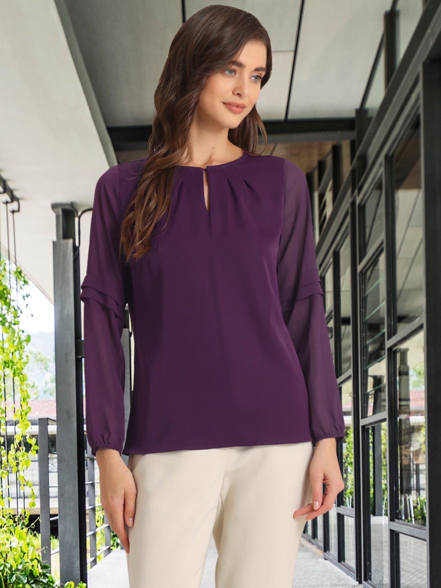 DARING DIVA Chiffon Semi Sheer Long Sleeves Blouses M Deep purple