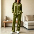 thumbnail image 2 of Women's Velvet 2 Piece Tracksuit Zip Up Jacket Wide Leg Pants Set Stand Collar Casual Lounge Sweatsuit with Pockets Fall Winter Loungewear Green, 2 of 6