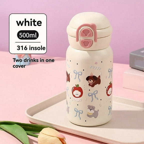 Cute Stainless Steel Water Bottle with Straw 500ML Kawaii Water Bottle for Hot or Cold Drinks Adorable Travel Mug White
