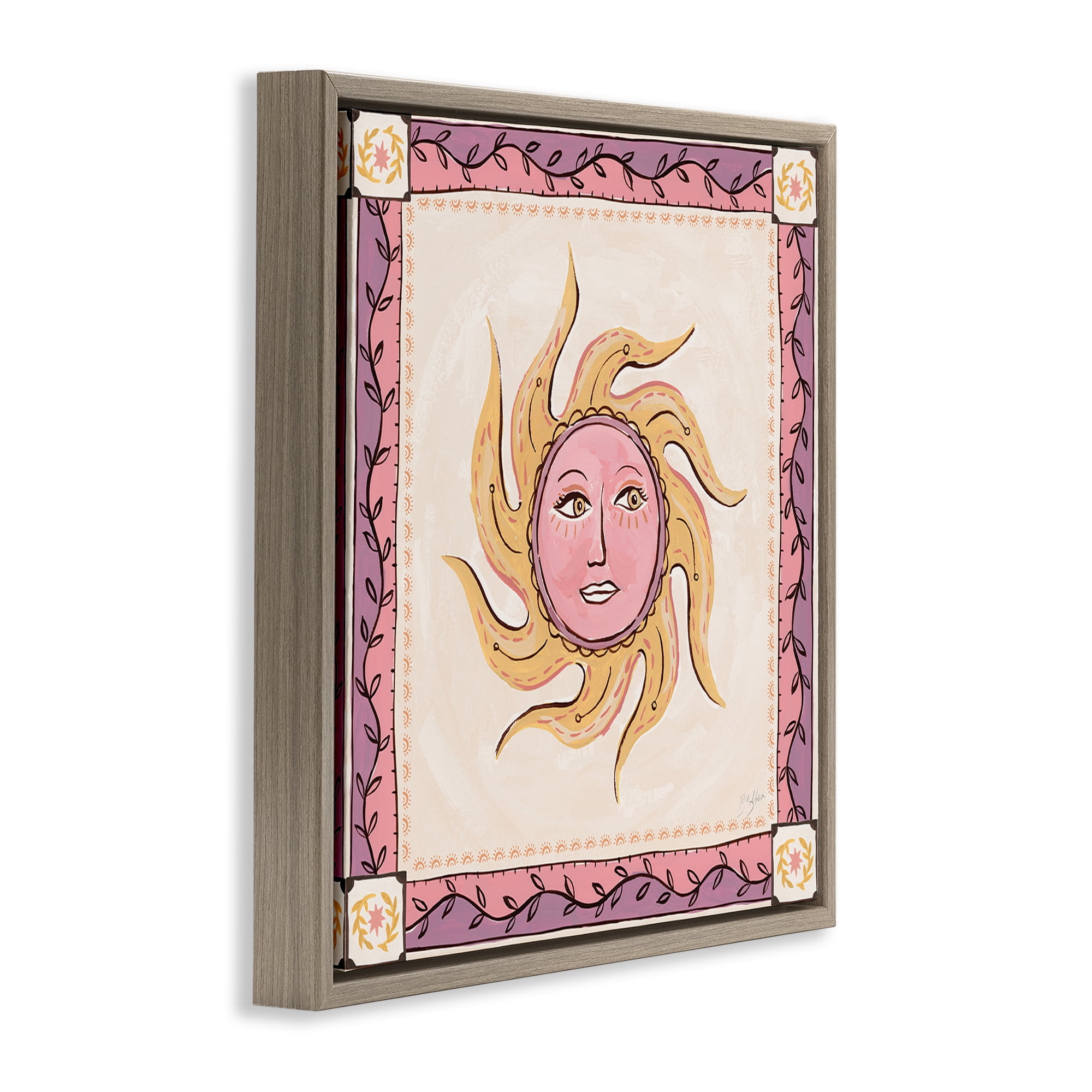 Stupell Industries Pink Sun Face with Leaf Border Brown Framed Floater Canvas Wall Art, design by Two If By Sea Studios