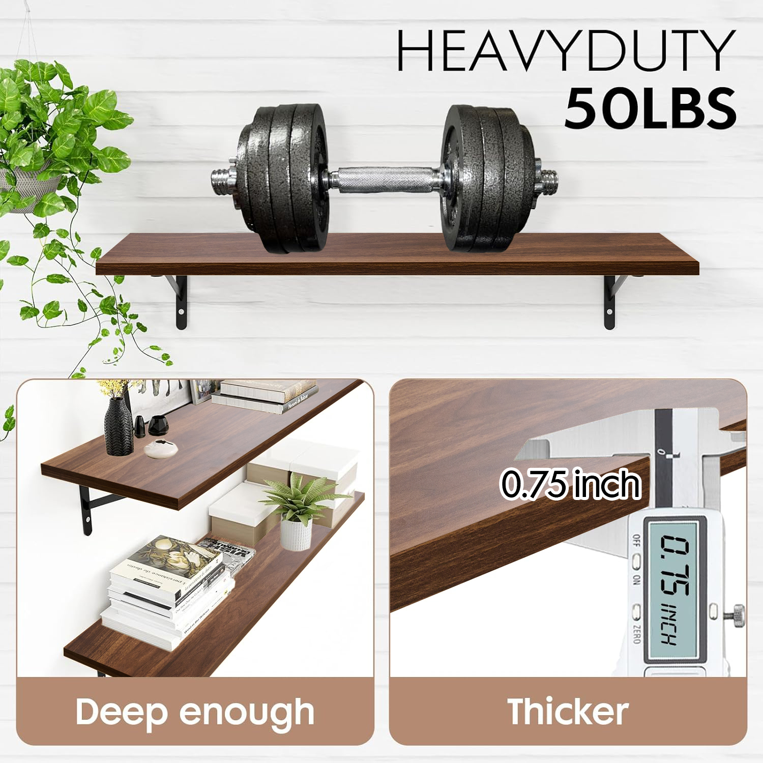 Kaboon 45inch Floating Shelves for Wall 10" D x 45" W Set of 2, Dark Walnut